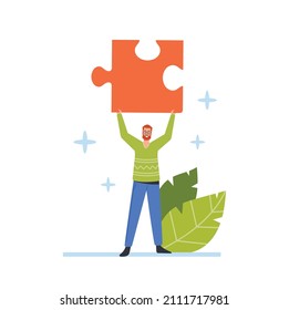 Creative Business Solution Research, Teamwork Cooperation, Partnership Collaboration Concept. Young Man Holding Huge Puzzle Piece above Head. Complicated Challenge. Cartoon People Vector Illustration