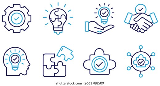 Conjunto de ícones de soluções empresariais criativas. Inovação, inspiração e símbolo do ícone da ideia. Contém mão com lâmpada, quebra-cabeça, aperto de mão e engrenagem com marca de seleção. Ilustração vetorial