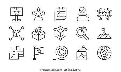 Conjunto de ícones da linha Creative Business Solutions. Ideias, brainstorming, soluções, adaptabilidade, inovação, análise, estratégia, resolução de problemas linha ícone set. Pacote de ícones de linha fina da interface do usuário.