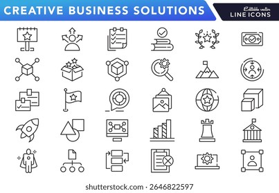 Symbolsatz für die Zeile "Creative Business Solutions". Ideen, Brainstorming, Lösungen, Anpassungsfähigkeit, Innovation, Analyse, Strategie, Problemlösung, Symbolsatz. Symbolpaket für dünne Linien verwenden.