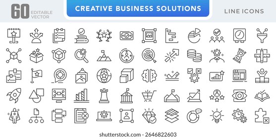 Conjunto de iconos de línea de Creative Business Solutions. Ideas, lluvia de ideas, soluciones, adaptabilidad, innovación, análisis, estrategia, resolución de problemas conjunto de iconos de línea. Ui paquete de iconos de línea delgada.