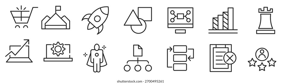 Conjunto de ícones da linha Creative Business Solutions. Ideias, brainstorming, soluções, adaptabilidade, inovação, análise, estratégia, resolução de problemas linha ícone set. Pacote de ícones de linha fina da interface do usuário.