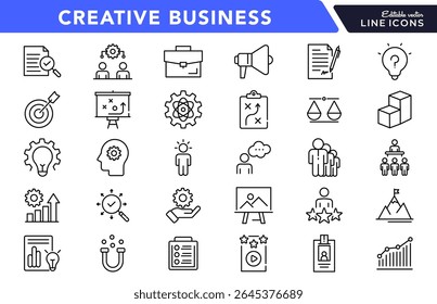 Creative business solutions linear icon set. Business strategy, business solutions, action List, research, solution, team, startup, business process, management vector icon set. UI thin line icon pack