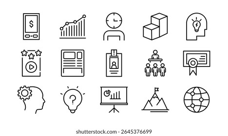 Creative business solutions linear icon set. Business strategy, business solutions, action List, research, solution, team, startup, business process, management vector icon set. UI thin line icon pack