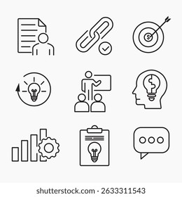 Creative Business Solutions ícone mínimo de esboço definido para ideias, trabalho em equipe, metas, inovação e conceitos de estratégia, ilustração vetorial