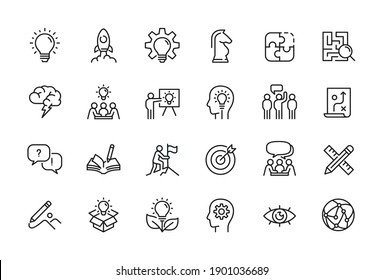 Creative business solutions related icon set. Innovation team management. Editable stroke. Pixel Perfect at 64x64
