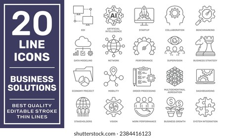 Creative business solutions related icon set. Innovation team management. Editable stroke. EPS 10