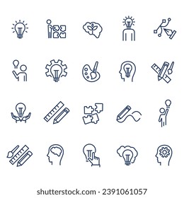 Creative business solutions related icon set. Innovation, team management, idea, brainstorm, thought. line icons