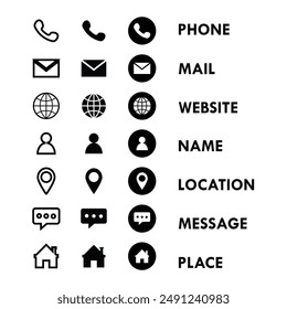 Conjuntos de iconos relacionados con soluciones empresariales creativas.Conjunto de iconos de Web, Último conjunto de iconos de contacto. Correo electrónico, chat, Fax, Teléfono, información, iconos de vectores de Dirección, Paquete de iconos para tarjeta de visita, 
Icono de tarjeta de presentación 