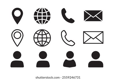 Creative business solutions related icon sets. Business icon for company connection set. Website set icon vector.Name, phone, mobile, place, location, mail, website and message card sign. EPS 10