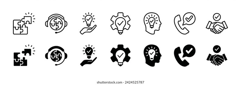 Creative business solutions thin line icon set. Containing innovation, resolve, answer, idea, creativity, problem-solving, call service support, thinking. Vector illustration