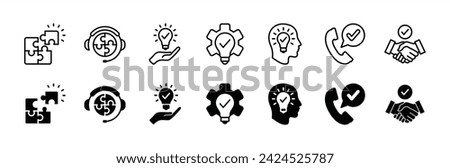 Creative business solutions thin line icon set. Containing innovation, resolve, answer, idea, creativity, problem-solving, call service support, thinking. Vector illustration
