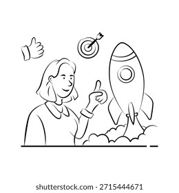 Ilustración de inicio de negocio creativo con concepto de lanzamiento de cohete.