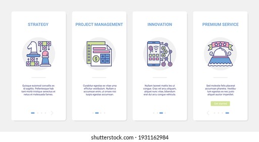 Creative business strategy, innovative project management service vector illustration. UX, UI onboarding mobile app page screen set with line startup premium quality innovation, business optimization
