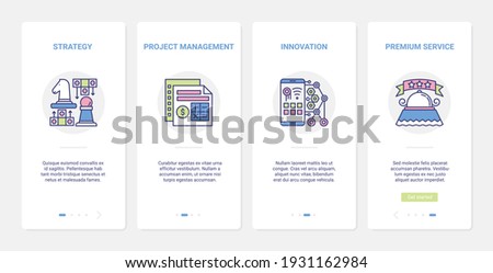 Creative business strategy, innovative project management service vector illustration. UX, UI onboarding mobile app page screen set with line startup premium quality innovation, business optimization