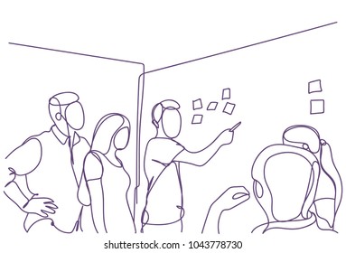 Creative Business Team Brainstorming At Board Room Meeting, Group Of Businessmen And Businesswomen Doodles Working Together Vector Illustration