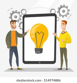 Creativa lluvia de ideas del equipo de negocios. Dos hombres de negocios durante una sesión de lluvia de ideas apuntando con el dedo a la bombilla en la pantalla del tablet. Concepto de lluvia de ideas. Ilustración de diseño plana vectorial. Diseño cuadrado