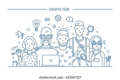 Creative Business Team Concept. Banner With Teamwork Command. Young Designers, Girls And Guys Cv. Lineart Flat Illustration.