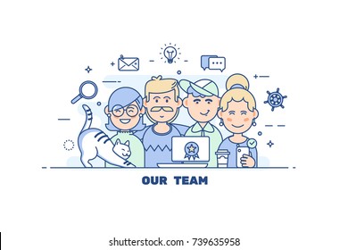 Creative business team concept. Banner with teamwork command. Young designers, girls and guys cv. Line art flat illustration.