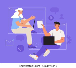 Creative business team, freelancers or partners work online using video call application or zoom. Distant working process or work at home concept. Trendy business characters discuss or meet online.