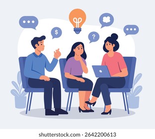 Creative business team having a brainstorming meeting with speech bubbles and a glowing lightbulb