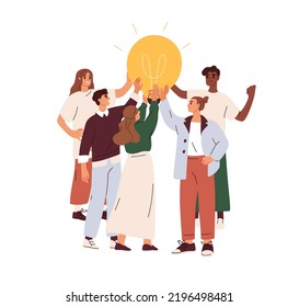 Creative Business Team And Lightbulb. Work Under Brilliant Idea, Brainstorming, Finding Solution Concept. Group Collaboration, Teamwork. Flat Graphic Vector Illustration Isolated On White Background