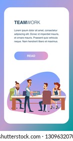 Creative Business Team Meeting ot Office Workplace. Teamwork at Conference Table. Freelancer Sit have Discussion. Young Trendy Worker Character Work by Laptop. Cartoon Flat Vector Illustration