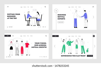 Creative Business Team and Partnership Agreement Handshaking Website Landing Page. Joyful Business People Stand in Line, Businessmen Hand Shaking Web Page Banner. Cartoon Flat Vector Illustration