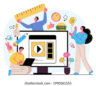 Creative business team people man woman characters building creation new fresh project start up and develop strategy. Modern style flat cartoon graphic illustration
