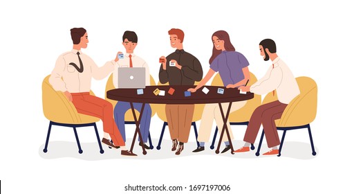 Creative business team sitting at table and planning strategy with sticky notes. Project discussion. Smiling office workers on briefing, brainstorm. Vector illustration in flat cartoon style.