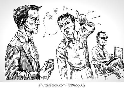 Creative business team. Vector sketch illustration. In engraving style. Drawn by hand