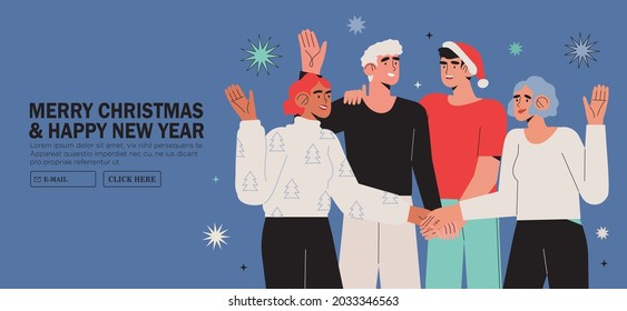 Creative or business team wish clients, partners or customers happy winter holidays. Merry christmas or new year banner, web site or page christmas greeting template with male and female characters.