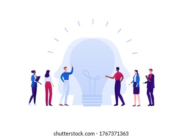 Creative business team work and brainstorm concept. Vector flat person illustration. Multiethnic group of man and woman with lightbulb idea symbol. Design element for banner, web, infographic
