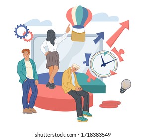 Creative business team working on startup project in deadline terms - website banner. Company workflow and management,  joint solution for success achievement. Flat vector illustration isolated.