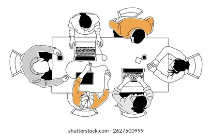 Creative business team working together around table with laptops, tablets, coffee. Sketch style vector illustration, top view of brainstorming, teamwork, meeting, and collaboration scene