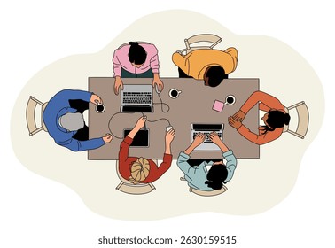 Creative business team working together around table with laptops, tablets, coffee. Colored Sketch style vector illustration, top view of brainstorming, teamwork, meeting, and collaboration scene