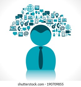 creative business and technology icon arrange in cloud shape above the businessmen head vector