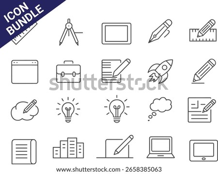Creative, Business, and Technology Line Icons Bundle - Simple and Modern Vector Art Featuring Tools, Light Bulbs, Pencils, Laptops, Rockets, and Business Symbols for Graphic Design, Web Design, and Di