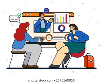 Creative business teleconference concept. Two females group at business online learning with male professional coach. Coaching, education, growth, strategy, planning. 