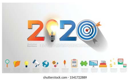 Creative business thinking with 2020 new year text, Light bulb,darts shoot Into crotch for success,set icon,modern Idea concept vector illustration Infographic template.
