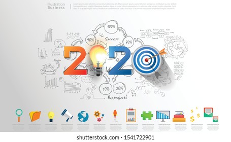 Creative business thinking with 2020 new year text,drawing charts data,Light bulb,darts shoot Into crotch for success,set icon,modern Idea concept vector illustration Infographic template.
