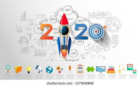 Creative business thinking with 2020 new year text,drawing charts data,Rocket,darts shoot Into crotch for success,set icon,modern Idea concept vector illustration Infographic template.
