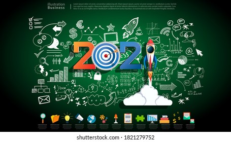 Creative business thinking   with 2021 new year text, Light bulb,darts shoot Into crotch for success,set icon,drawing charts data,modern Idea concept vector illustration Infographic template.
