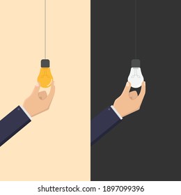 Creative business, turn on the lights, hand hold light bulb, light bulb on and off design vector illustration