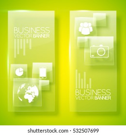 Creative business vertical banners with white pictograms and glass squares on green background vector illustration
