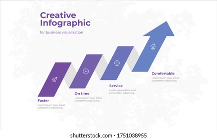 Creative business visualization infographic with grow up arrow shape and icon design. blue and purple color palette. Vector illustration eps10.