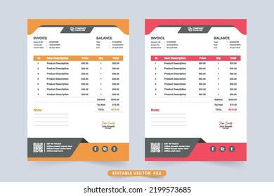 Creative business voucher design with orange and red colors. Payment agreement and invoice bill template decoration with abstract shapes. Minimal business invoice template and cash receipt vector.