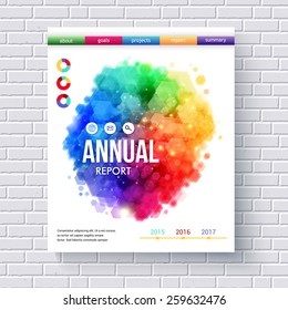 Creative Business Web Template Emphasizing Annual Reports with Colored Menus and Abstract Graphic Designs on White Brick Wall Background.