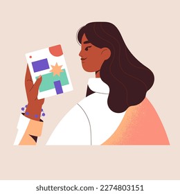 Creative business woman with abstract document in hands. Holding paper with modern art project idea. Trendy businesswoman, artist, designer works with creativity, design. Flat vector illustration