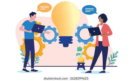 Creative business work idea - Two people coming up with business ideas and working on innovation process together. Flat design vector illustration with light bulb and cogwheels on white background